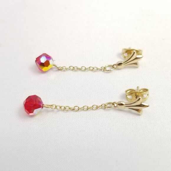 Vintage Red Bead Dangle Stud Earrings, Gold Tone Setting, AB Iridescent, Estate - Picture 6 of 6